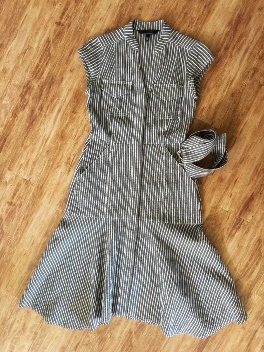 WHBM Midi Dress Striped Seersucker Railroad Stripe Cap Sleeve Belted Pockets - Picture 11 of 16